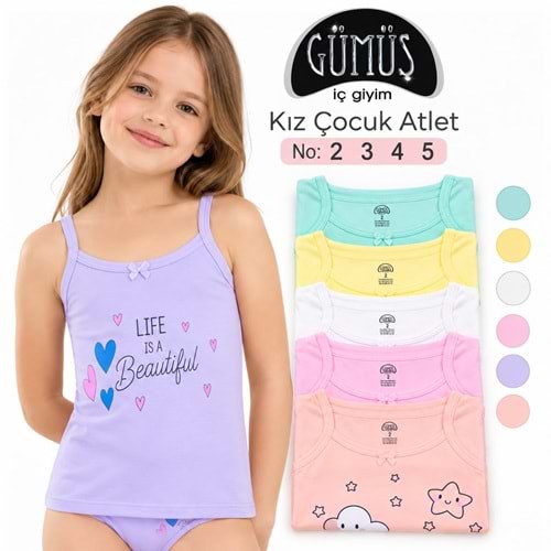 3100 Gümüş Kız Çocuk Likralı Baskılı Atlet 12*